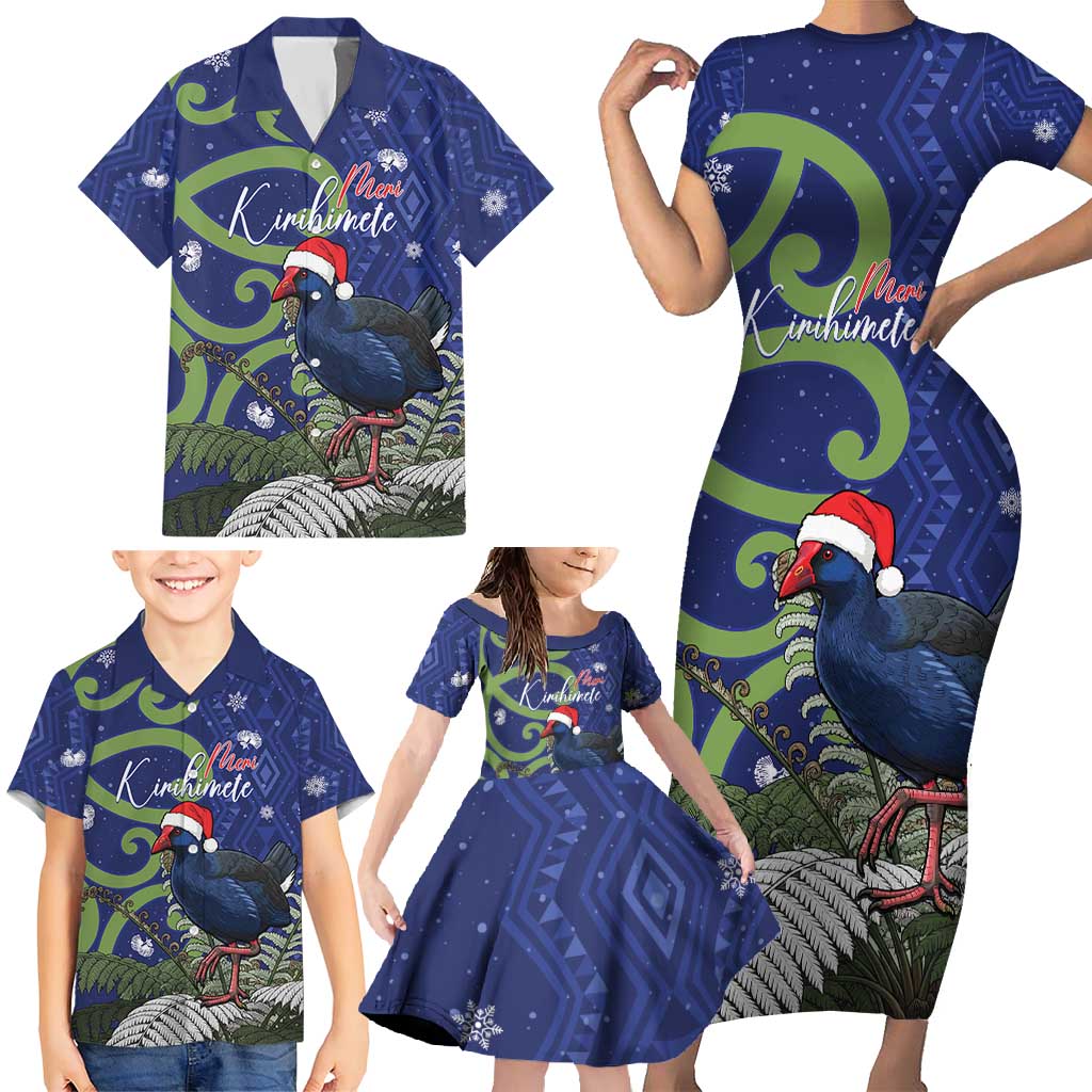Personalized New Zealand Pukeko Christmas Family Matching Short Sleeve Bodycon Dress and Hawaiian Shirt Meri Kirihimete Taniko Ponga Koru Blue - Aussie Hoodie