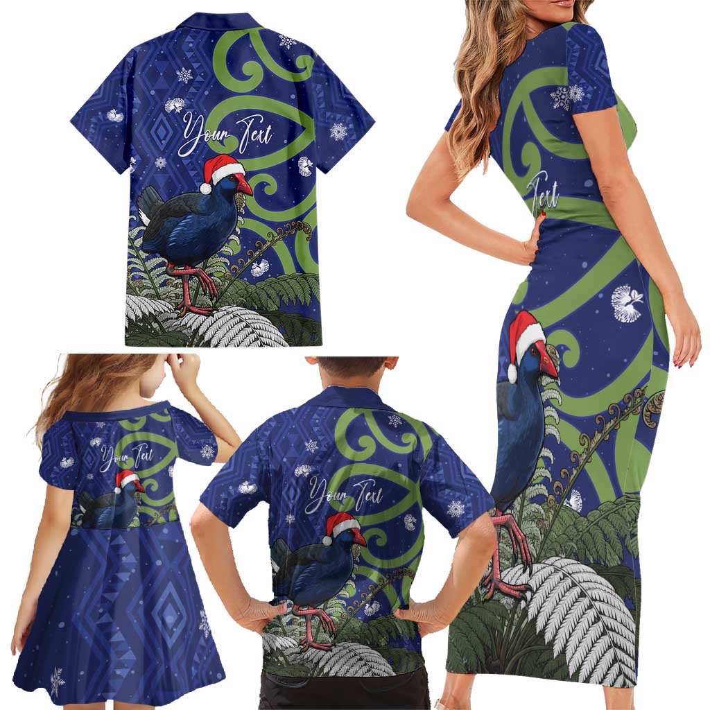 Personalized New Zealand Pukeko Christmas Family Matching Short Sleeve Bodycon Dress and Hawaiian Shirt Meri Kirihimete Taniko Ponga Koru Blue - Aussie Hoodie