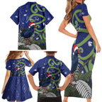 Personalized New Zealand Pukeko Christmas Family Matching Short Sleeve Bodycon Dress and Hawaiian Shirt Meri Kirihimete Taniko Ponga Koru Blue - Aussie Hoodie