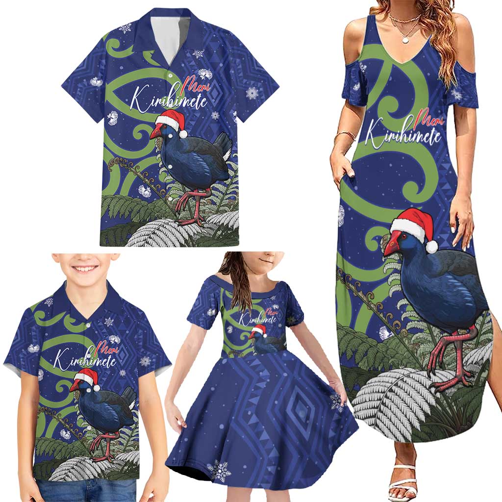 Personalized New Zealand Pukeko Christmas Family Matching Summer Maxi Dress and Hawaiian Shirt Meri Kirihimete Taniko Ponga Koru Blue - Aussie Hoodie