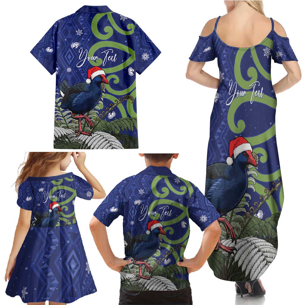 Personalized New Zealand Pukeko Christmas Family Matching Summer Maxi Dress and Hawaiian Shirt Meri Kirihimete Taniko Ponga Koru Blue - Aussie Hoodie