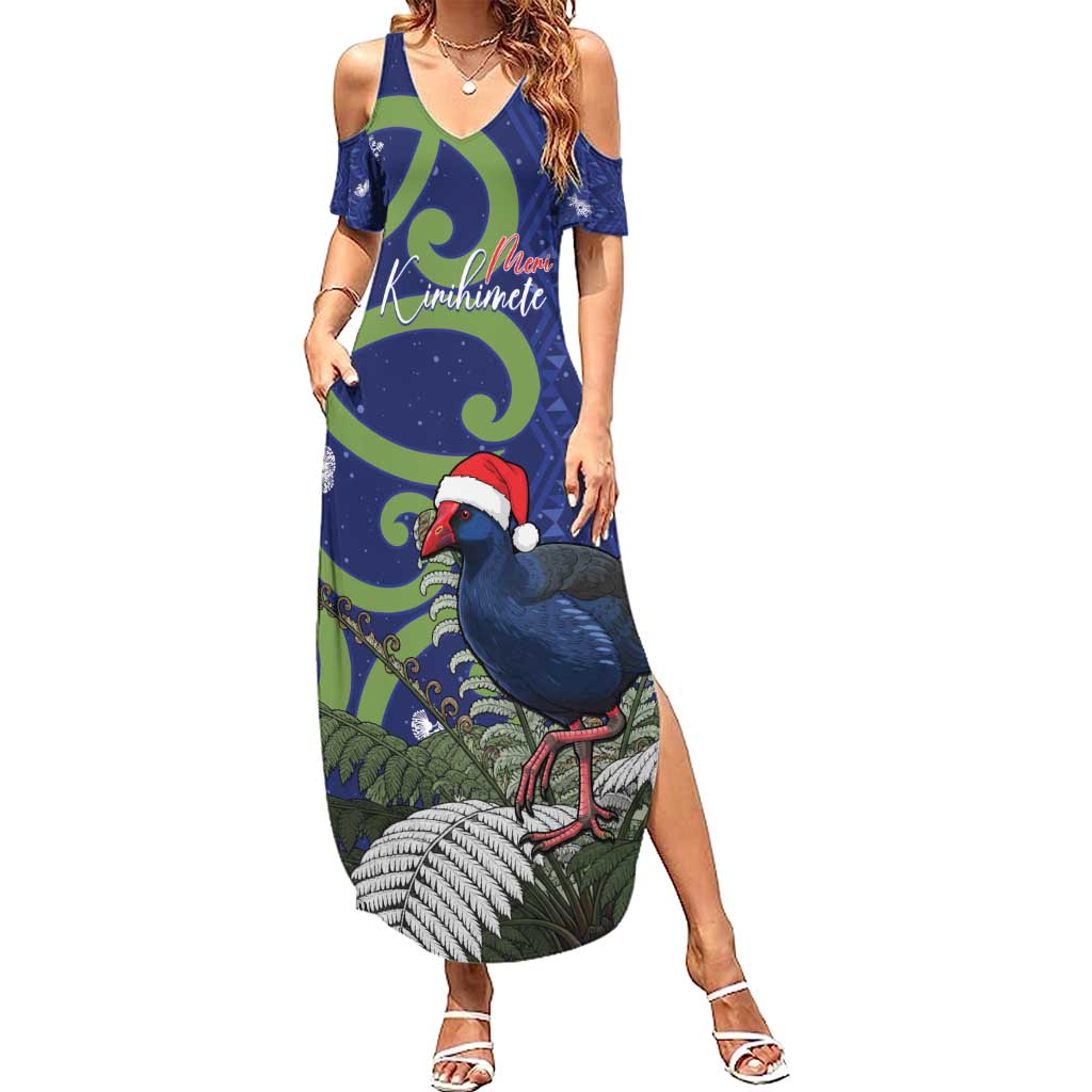 Personalized New Zealand Pukeko Christmas Family Matching Summer Maxi Dress and Hawaiian Shirt Meri Kirihimete Taniko Ponga Koru Blue - Aussie Hoodie