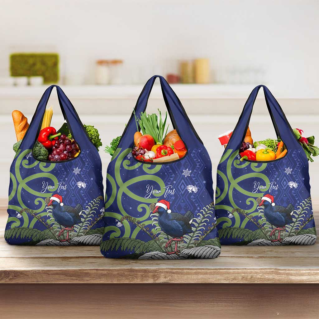 Personalized New Zealand Pukeko Christmas Grocery Bag Meri Kirihimete Taniko Ponga Koru Blue - Aussie Hoodie
