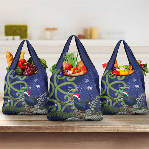 Personalized New Zealand Pukeko Christmas Grocery Bag Meri Kirihimete Taniko Ponga Koru Blue - Aussie Hoodie