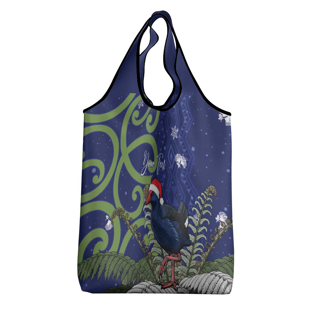 Personalized New Zealand Pukeko Christmas Grocery Bag Meri Kirihimete Taniko Ponga Koru Blue - Aussie Hoodie
