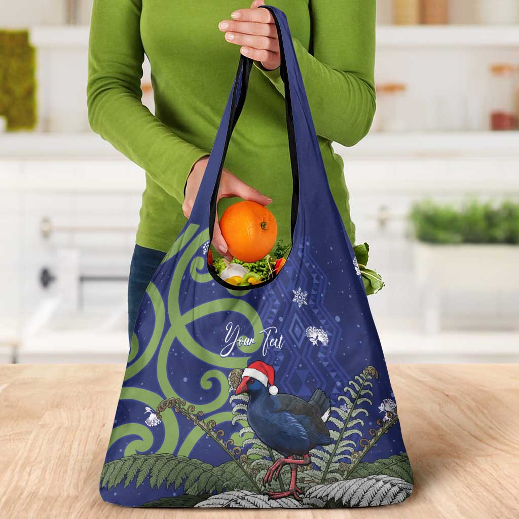 Personalized New Zealand Pukeko Christmas Grocery Bag Meri Kirihimete Taniko Ponga Koru Blue - Aussie Hoodie