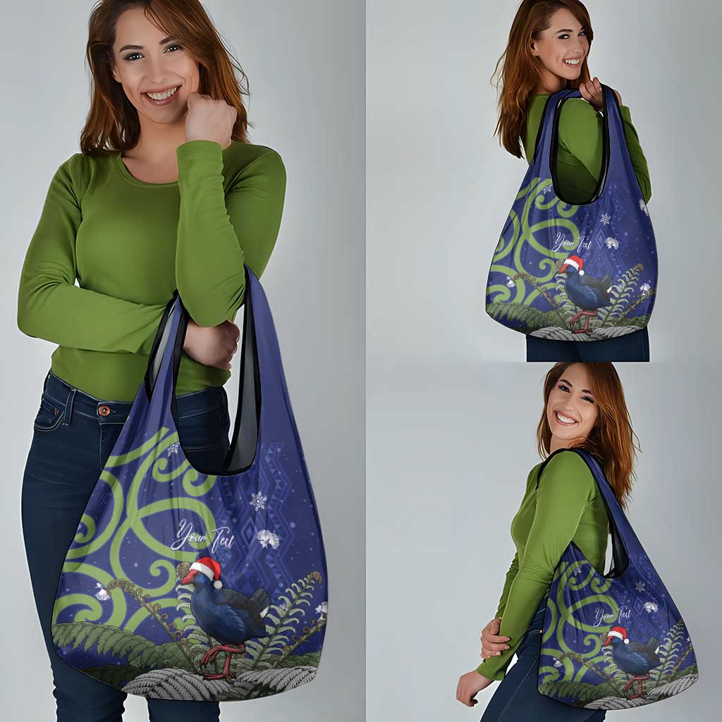 Personalized New Zealand Pukeko Christmas Grocery Bag Meri Kirihimete Taniko Ponga Koru Blue - Aussie Hoodie