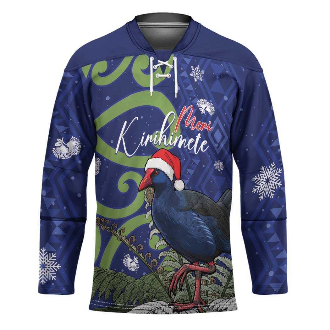 Personalized New Zealand Pukeko Christmas Hockey Jersey Meri Kirihimete Taniko Ponga Koru Blue - Aussie Hoodie