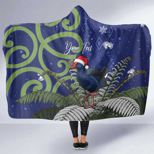 Personalized New Zealand Pukeko Christmas Hooded Blanket Meri Kirihimete Taniko Ponga Koru Blue - Aussie Hoodie