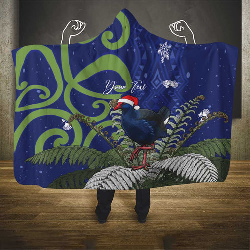 Personalized New Zealand Pukeko Christmas Hooded Blanket Meri Kirihimete Taniko Ponga Koru Blue - Aussie Hoodie