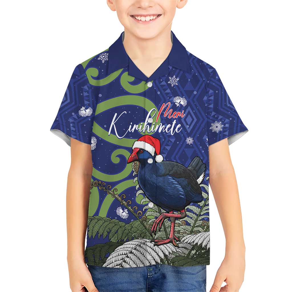 Personalized New Zealand Pukeko Christmas Kid Hawaiian Shirt Meri Kirihimete Taniko Ponga Koru Blue - Aussie Hoodie