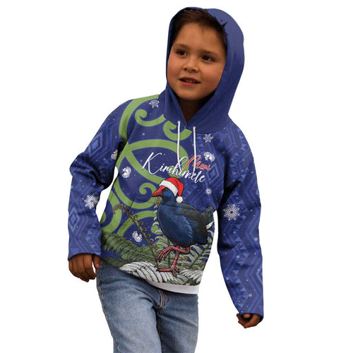 Personalized New Zealand Pukeko Christmas Kid Hoodie Meri Kirihimete Taniko Ponga Koru Blue - Aussie Hoodie