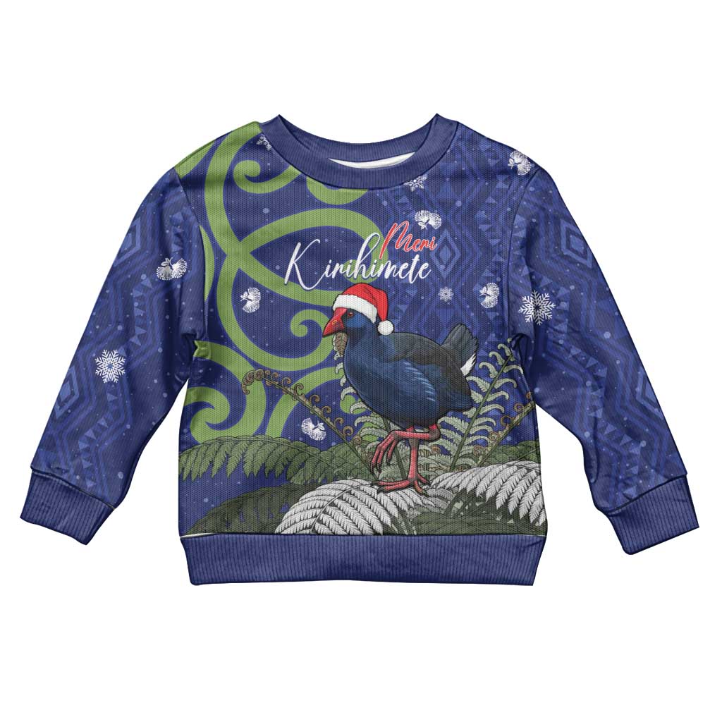 Personalized New Zealand Pukeko Christmas Kid Ugly Christmas Sweater Meri Kirihimete Taniko Ponga Koru Blue - Aussie Hoodie