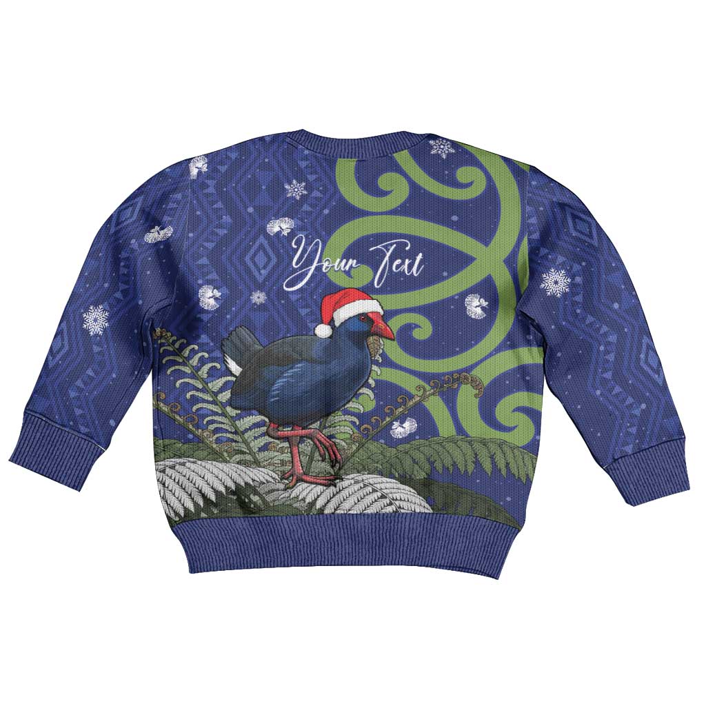 Personalized New Zealand Pukeko Christmas Kid Ugly Christmas Sweater Meri Kirihimete Taniko Ponga Koru Blue - Aussie Hoodie
