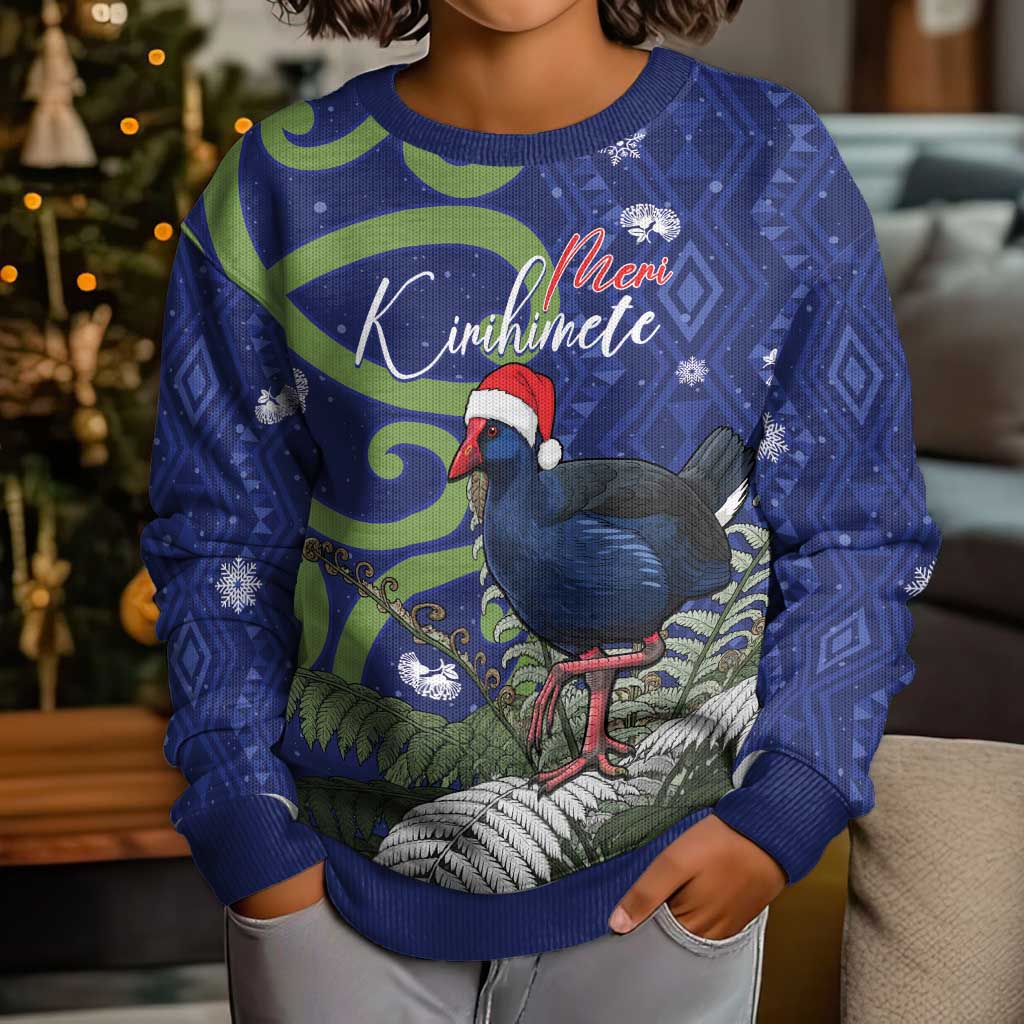 Personalized New Zealand Pukeko Christmas Kid Ugly Christmas Sweater Meri Kirihimete Taniko Ponga Koru Blue - Aussie Hoodie