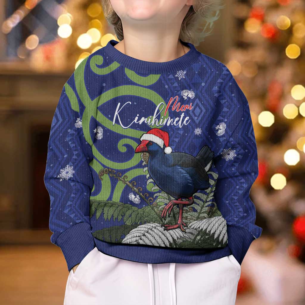 Personalized New Zealand Pukeko Christmas Kid Ugly Christmas Sweater Meri Kirihimete Taniko Ponga Koru Blue - Aussie Hoodie