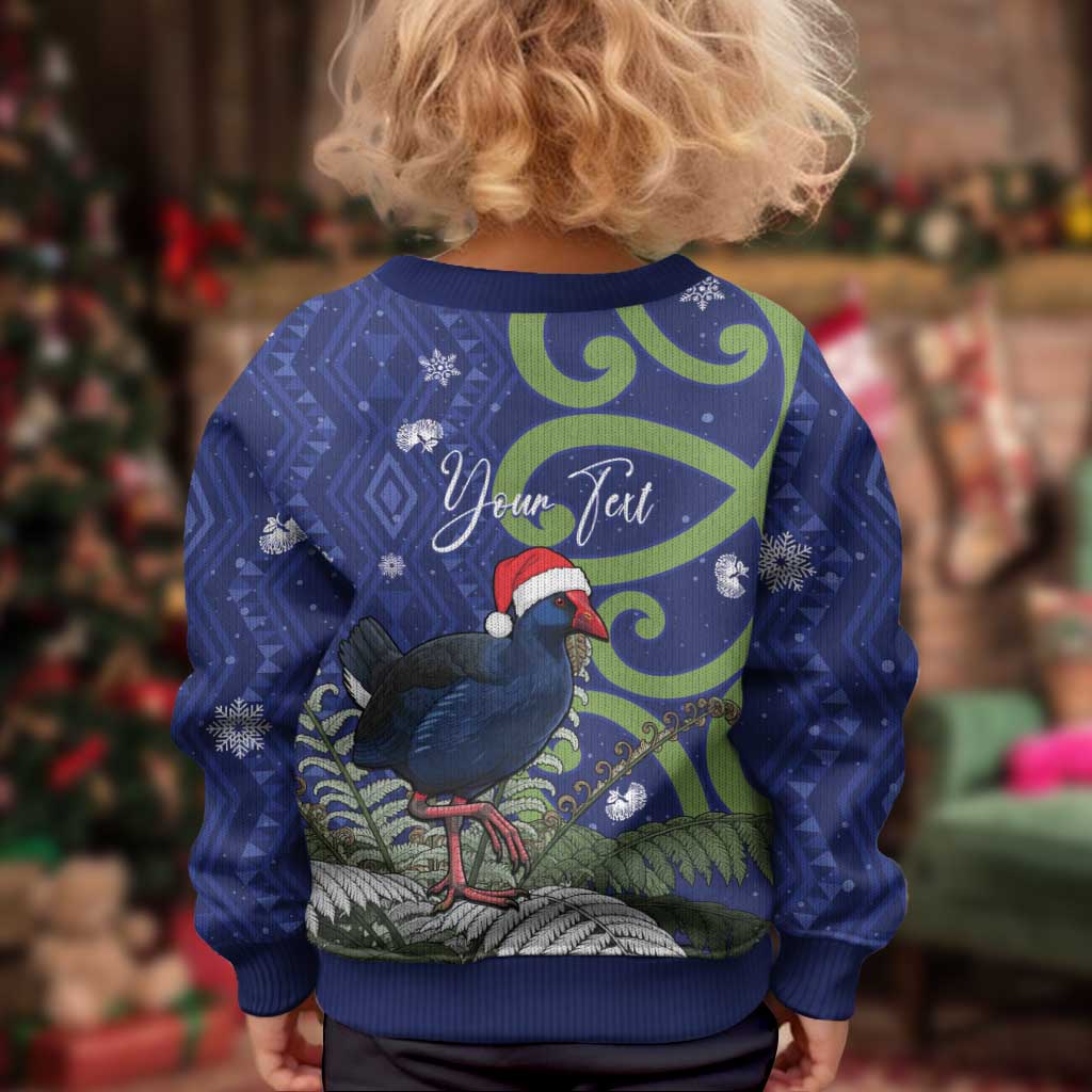 Personalized New Zealand Pukeko Christmas Kid Ugly Christmas Sweater Meri Kirihimete Taniko Ponga Koru Blue - Aussie Hoodie