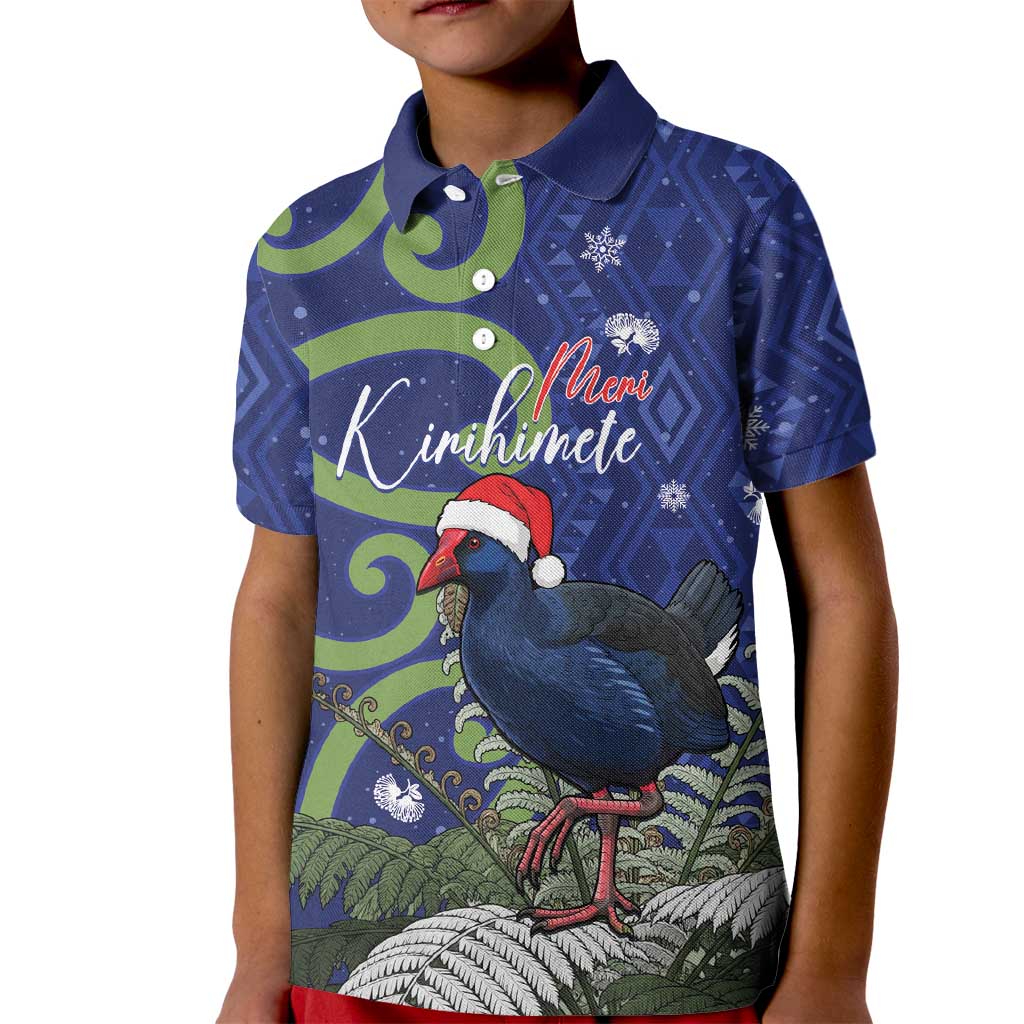 Personalized New Zealand Pukeko Christmas Kid Polo Shirt Meri Kirihimete Taniko Ponga Koru Blue - Aussie Hoodie