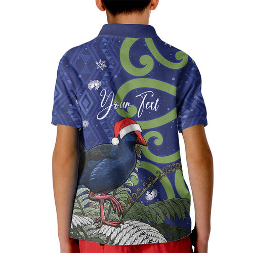 Personalized New Zealand Pukeko Christmas Kid Polo Shirt Meri Kirihimete Taniko Ponga Koru Blue - Aussie Hoodie
