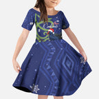 Personalized New Zealand Pukeko Christmas Kid Short Sleeve Dress Meri Kirihimete Taniko Ponga Koru Blue - Aussie Hoodie