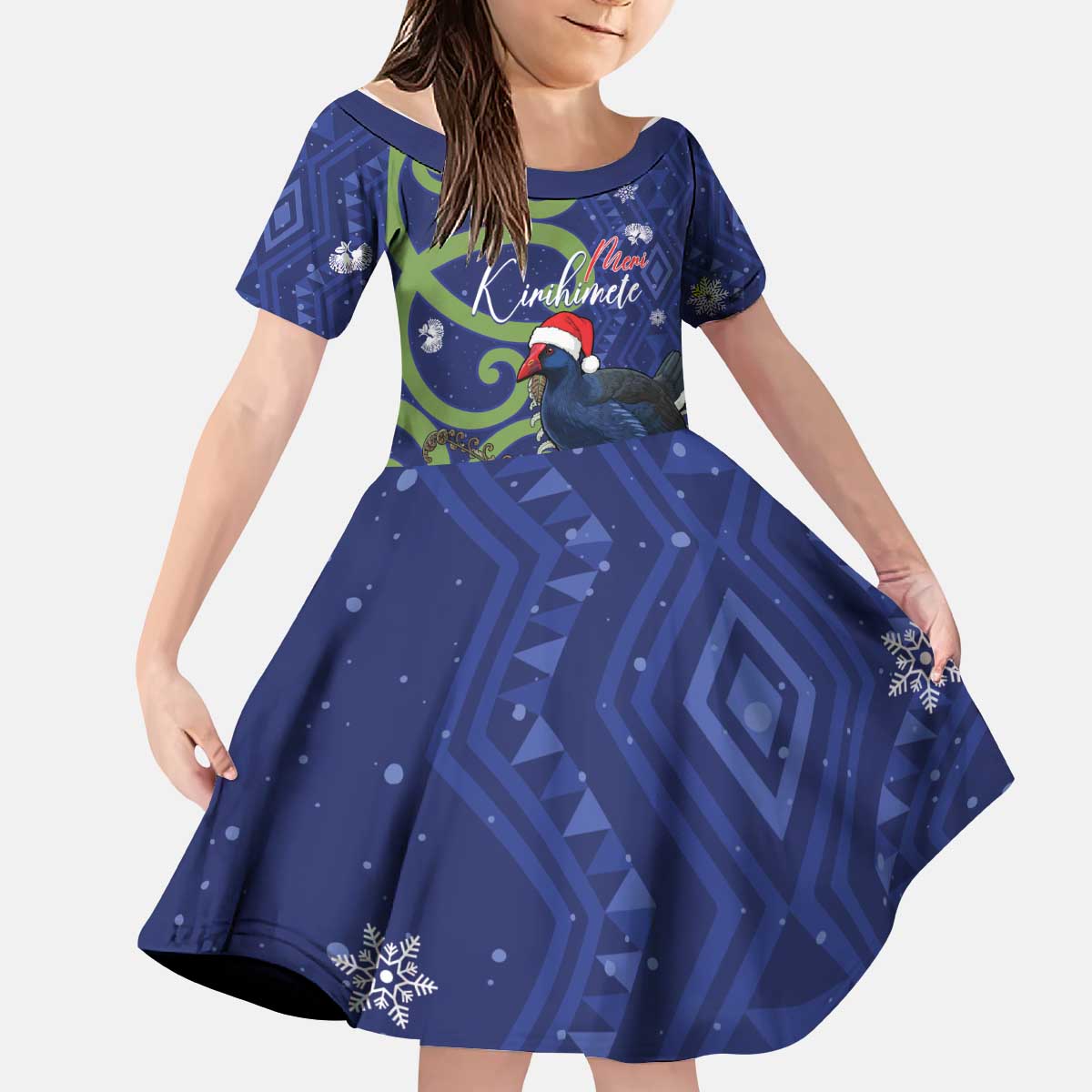 Personalized New Zealand Pukeko Christmas Kid Short Sleeve Dress Meri Kirihimete Taniko Ponga Koru Blue - Aussie Hoodie