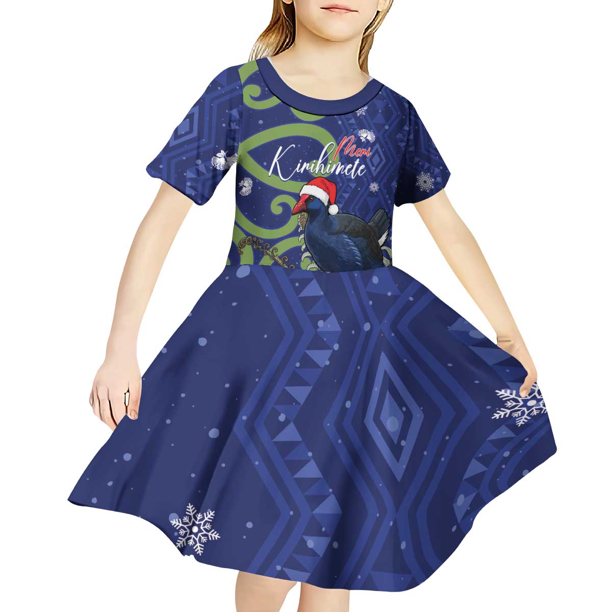 Personalized New Zealand Pukeko Christmas Kid Short Sleeve Dress Meri Kirihimete Taniko Ponga Koru Blue - Aussie Hoodie