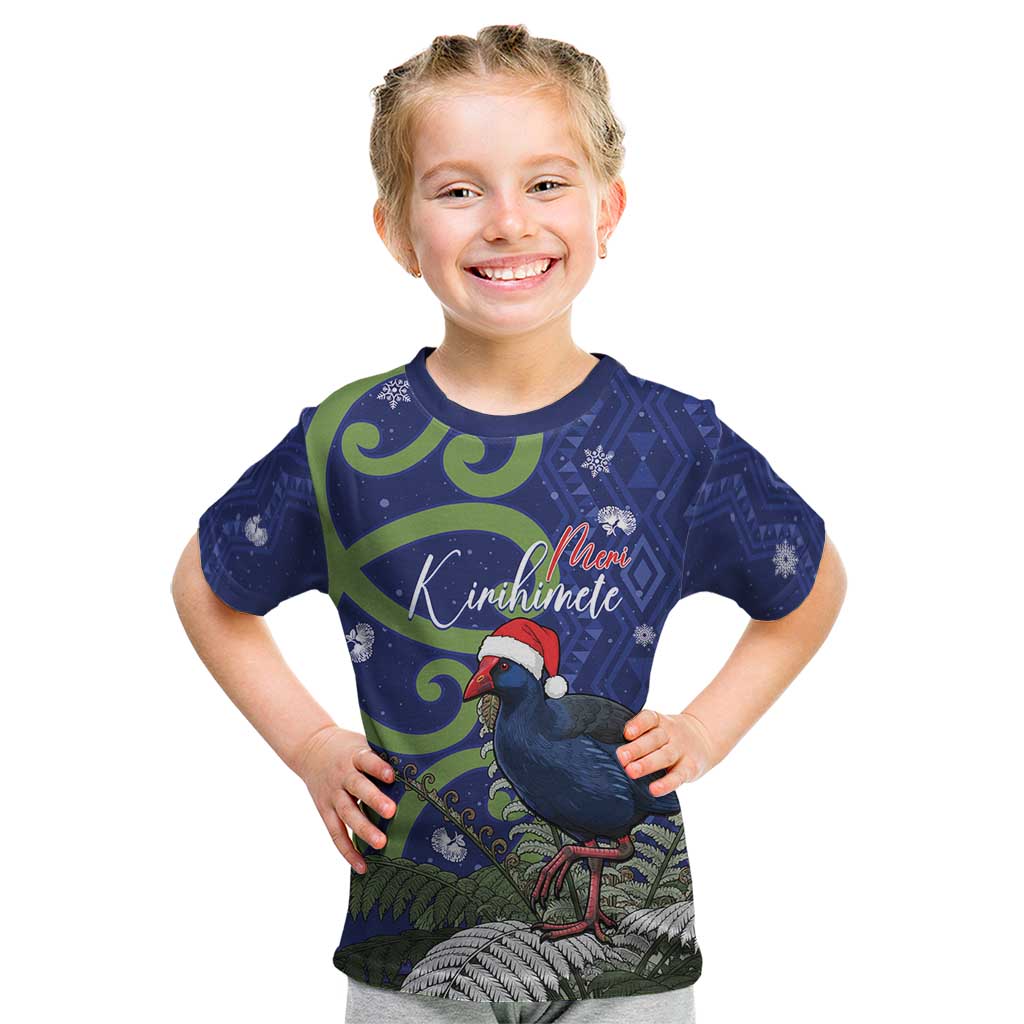 Personalized New Zealand Pukeko Christmas Kid T Shirt Meri Kirihimete Taniko Ponga Koru Blue - Aussie Hoodie