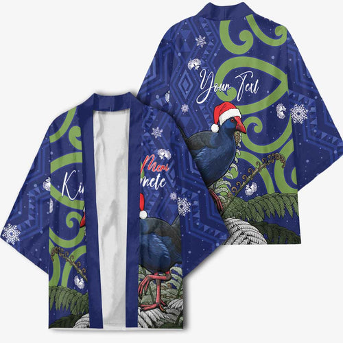 Personalized New Zealand Pukeko Christmas Kimono Meri Kirihimete Taniko Ponga Koru Blue - Aussie Hoodie