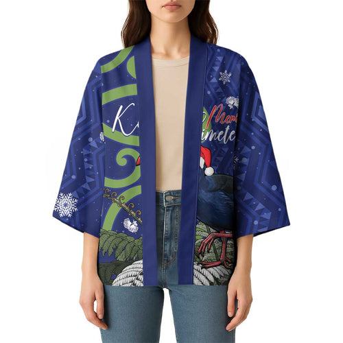 Personalized New Zealand Pukeko Christmas Kimono Meri Kirihimete Taniko Ponga Koru Blue - Aussie Hoodie