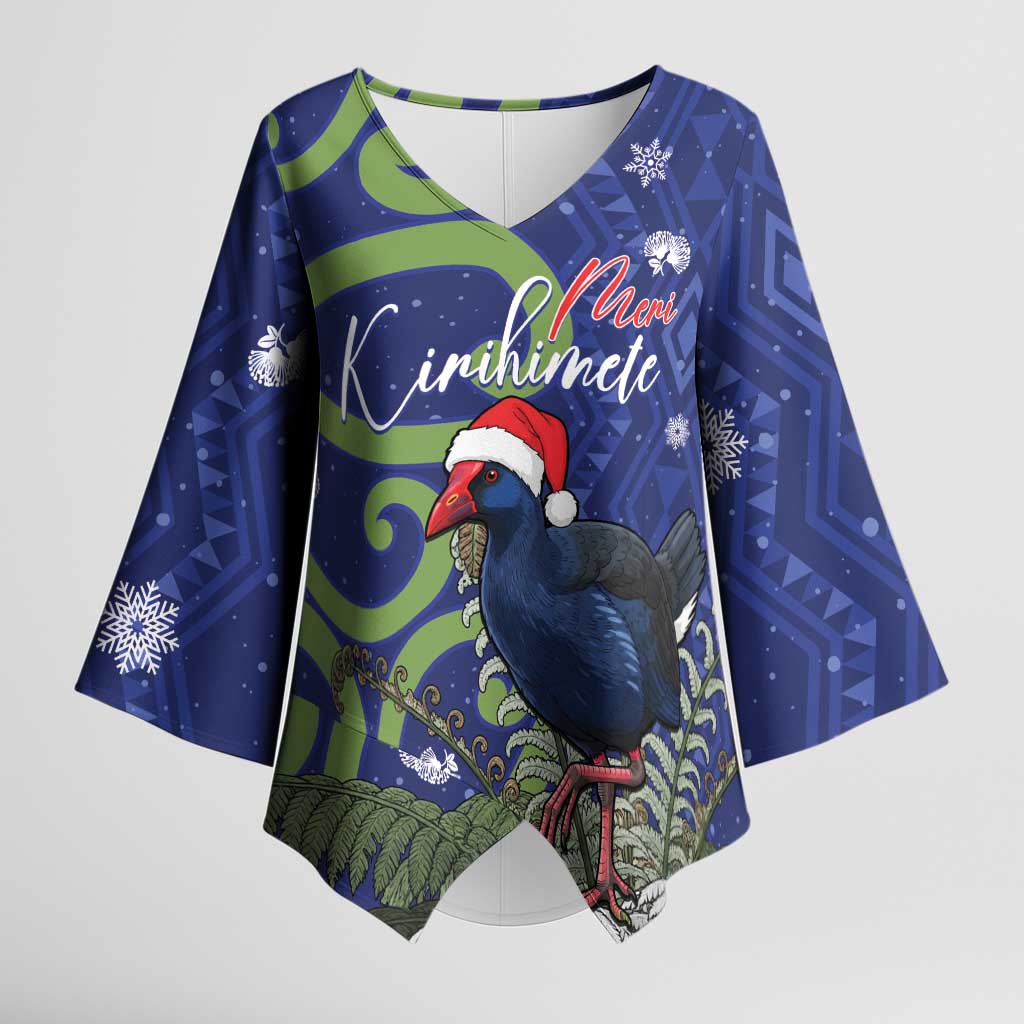 Personalized New Zealand Pukeko Christmas Kimono Sleeve Blouse Meri Kirihimete Taniko Ponga Koru Blue - Aussie Hoodie