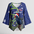 Personalized New Zealand Pukeko Christmas Kimono Sleeve Blouse Meri Kirihimete Taniko Ponga Koru Blue - Aussie Hoodie