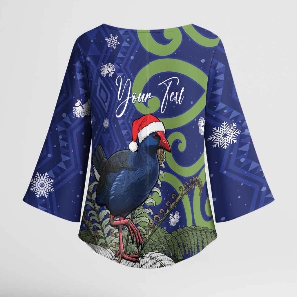 Personalized New Zealand Pukeko Christmas Kimono Sleeve Blouse Meri Kirihimete Taniko Ponga Koru Blue - Aussie Hoodie