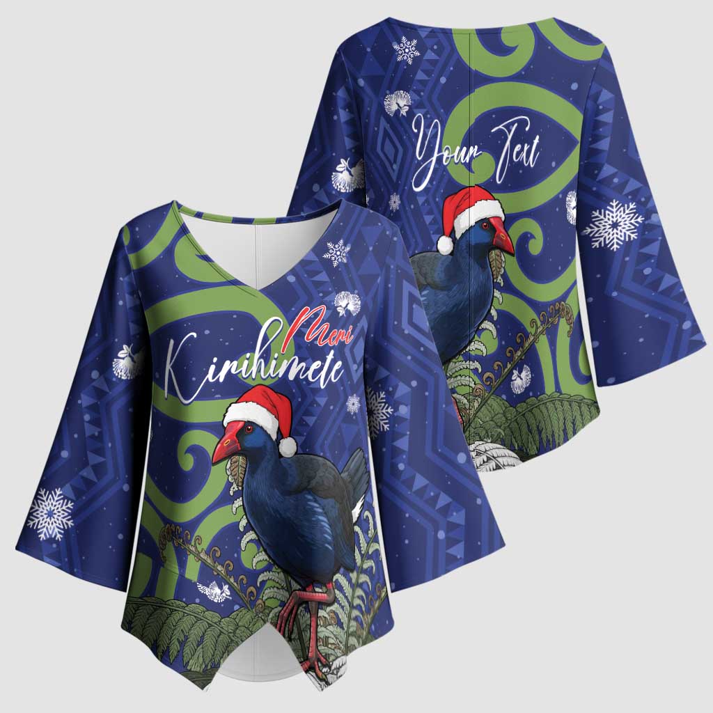 Personalized New Zealand Pukeko Christmas Kimono Sleeve Blouse Meri Kirihimete Taniko Ponga Koru Blue - Aussie Hoodie