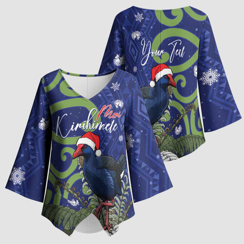 Personalized New Zealand Pukeko Christmas Kimono Sleeve Blouse Meri Kirihimete Taniko Ponga Koru Blue - Aussie Hoodie