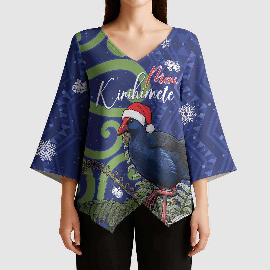 Personalized New Zealand Pukeko Christmas Kimono Sleeve Blouse Meri Kirihimete Taniko Ponga Koru Blue - Aussie Hoodie