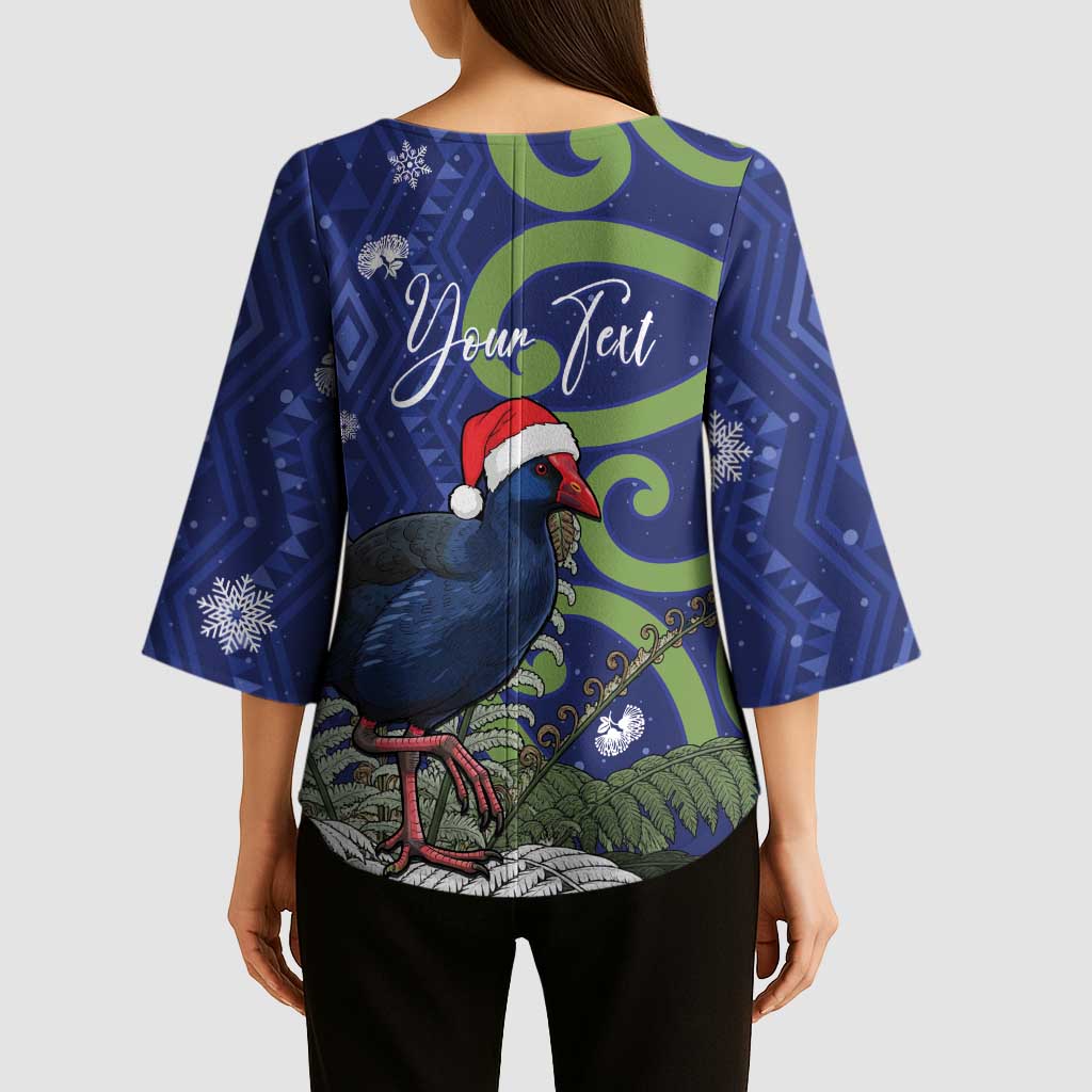Personalized New Zealand Pukeko Christmas Kimono Sleeve Blouse Meri Kirihimete Taniko Ponga Koru Blue - Aussie Hoodie