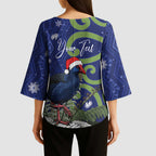 Personalized New Zealand Pukeko Christmas Kimono Sleeve Blouse Meri Kirihimete Taniko Ponga Koru Blue - Aussie Hoodie