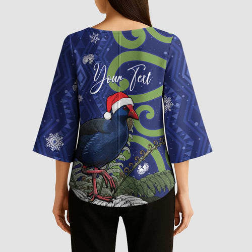 Personalized New Zealand Pukeko Christmas Kimono Sleeve Blouse Meri Kirihimete Taniko Ponga Koru Blue - Aussie Hoodie