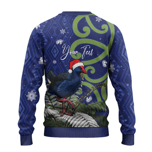 Personalized New Zealand Pukeko Christmas Ugly Christmas Sweater Meri Kirihimete Taniko Ponga Koru Blue - Aussie Hoodie