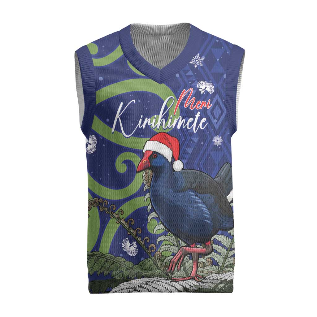 Personalized New Zealand Pukeko Christmas Knitted V-Neck Vest Meri Kirihimete Taniko Ponga Koru Blue - Aussie Hoodie