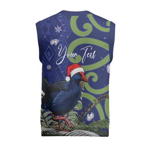 Personalized New Zealand Pukeko Christmas Knitted V-Neck Vest Meri Kirihimete Taniko Ponga Koru Blue - Aussie Hoodie