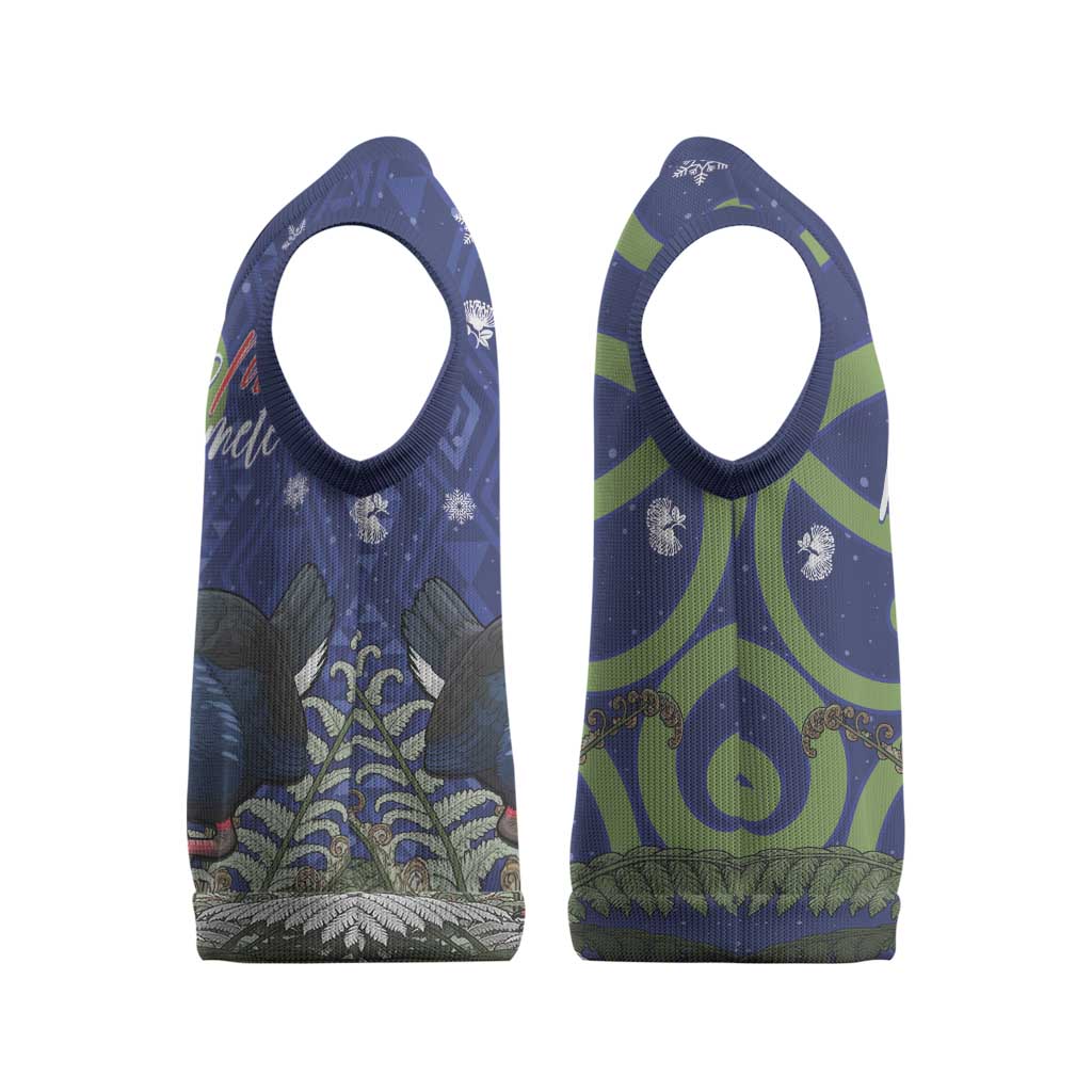 Personalized New Zealand Pukeko Christmas Knitted V-Neck Vest Meri Kirihimete Taniko Ponga Koru Blue - Aussie Hoodie