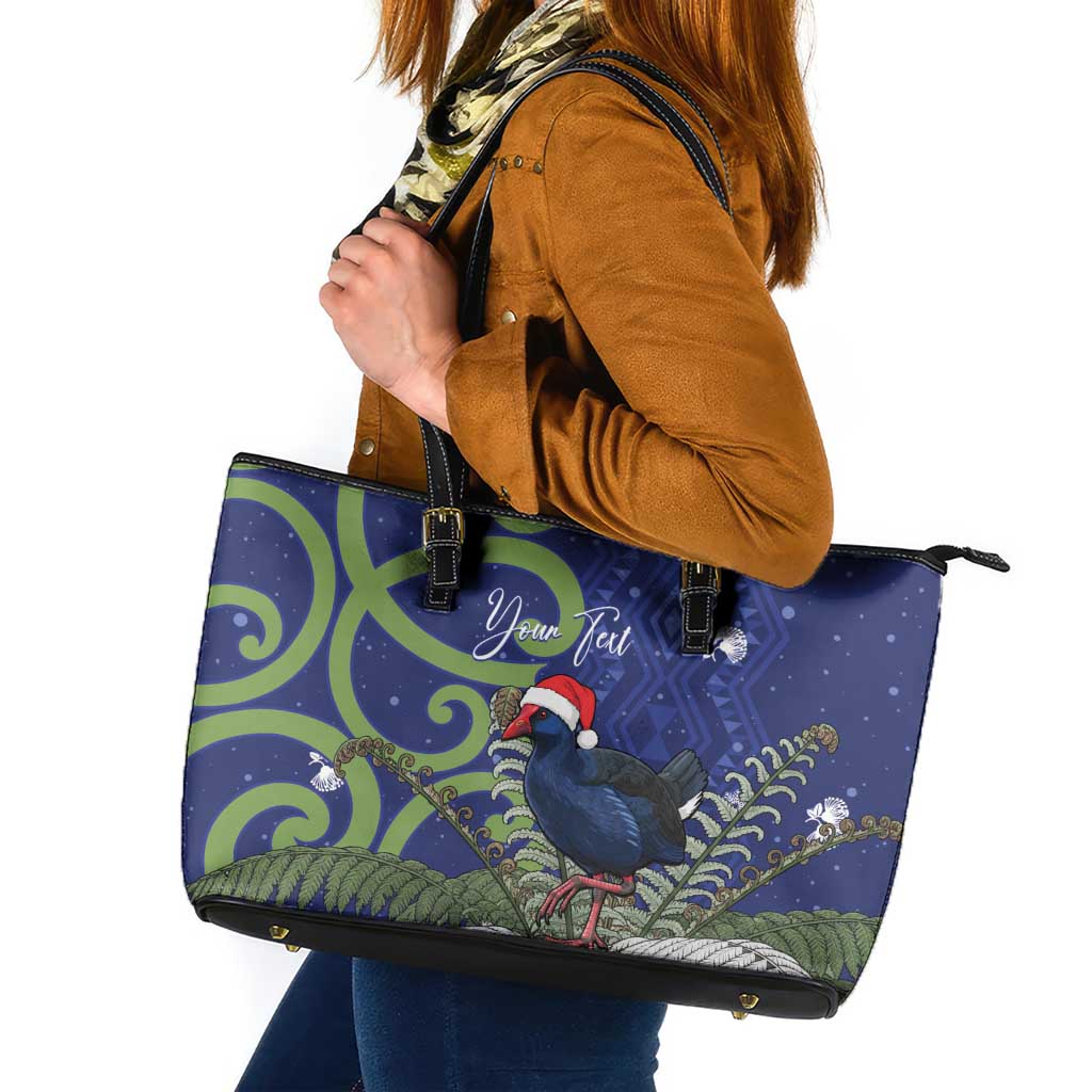 Personalized New Zealand Pukeko Christmas Leather Tote Bag Meri Kirihimete Taniko Ponga Koru Blue - Aussie Hoodie