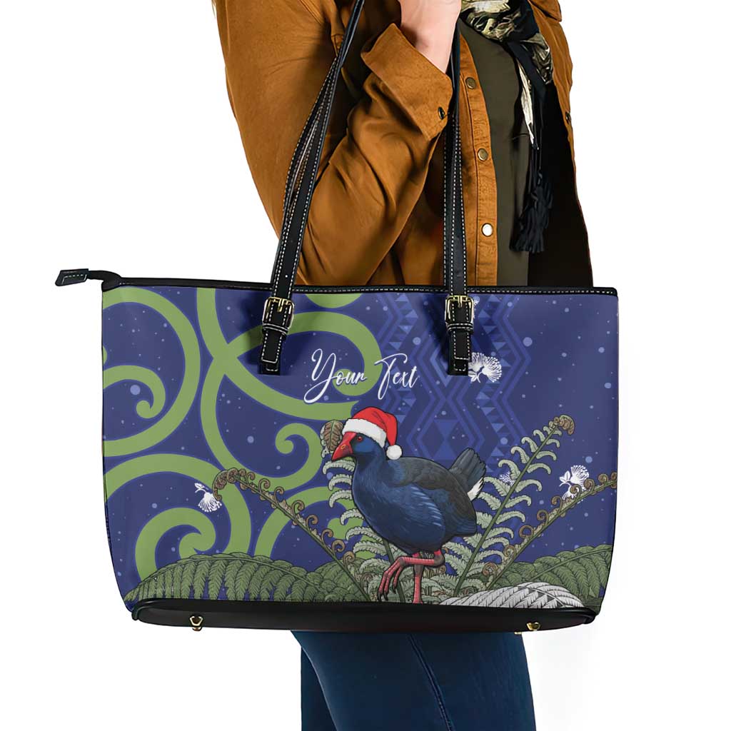 Personalized New Zealand Pukeko Christmas Leather Tote Bag Meri Kirihimete Taniko Ponga Koru Blue - Aussie Hoodie