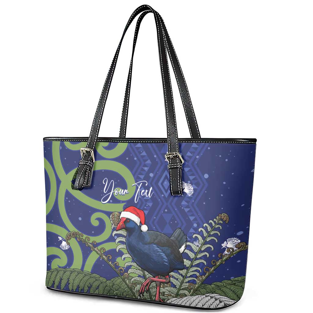 Personalized New Zealand Pukeko Christmas Leather Tote Bag Meri Kirihimete Taniko Ponga Koru Blue - Aussie Hoodie