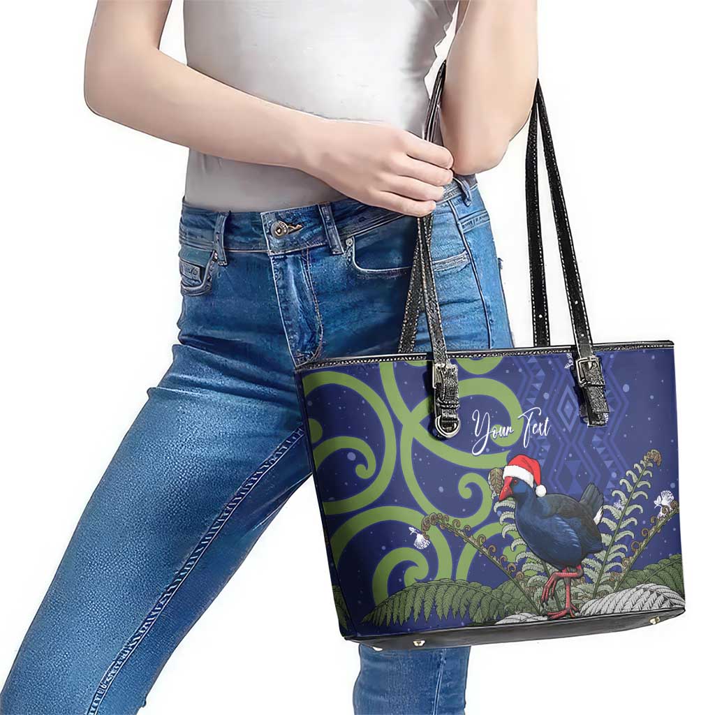 Personalized New Zealand Pukeko Christmas Leather Tote Bag Meri Kirihimete Taniko Ponga Koru Blue - Aussie Hoodie