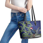 Personalized New Zealand Pukeko Christmas Leather Tote Bag Meri Kirihimete Taniko Ponga Koru Blue - Aussie Hoodie