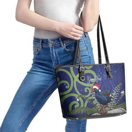 Personalized New Zealand Pukeko Christmas Leather Tote Bag Meri Kirihimete Taniko Ponga Koru Blue - Aussie Hoodie
