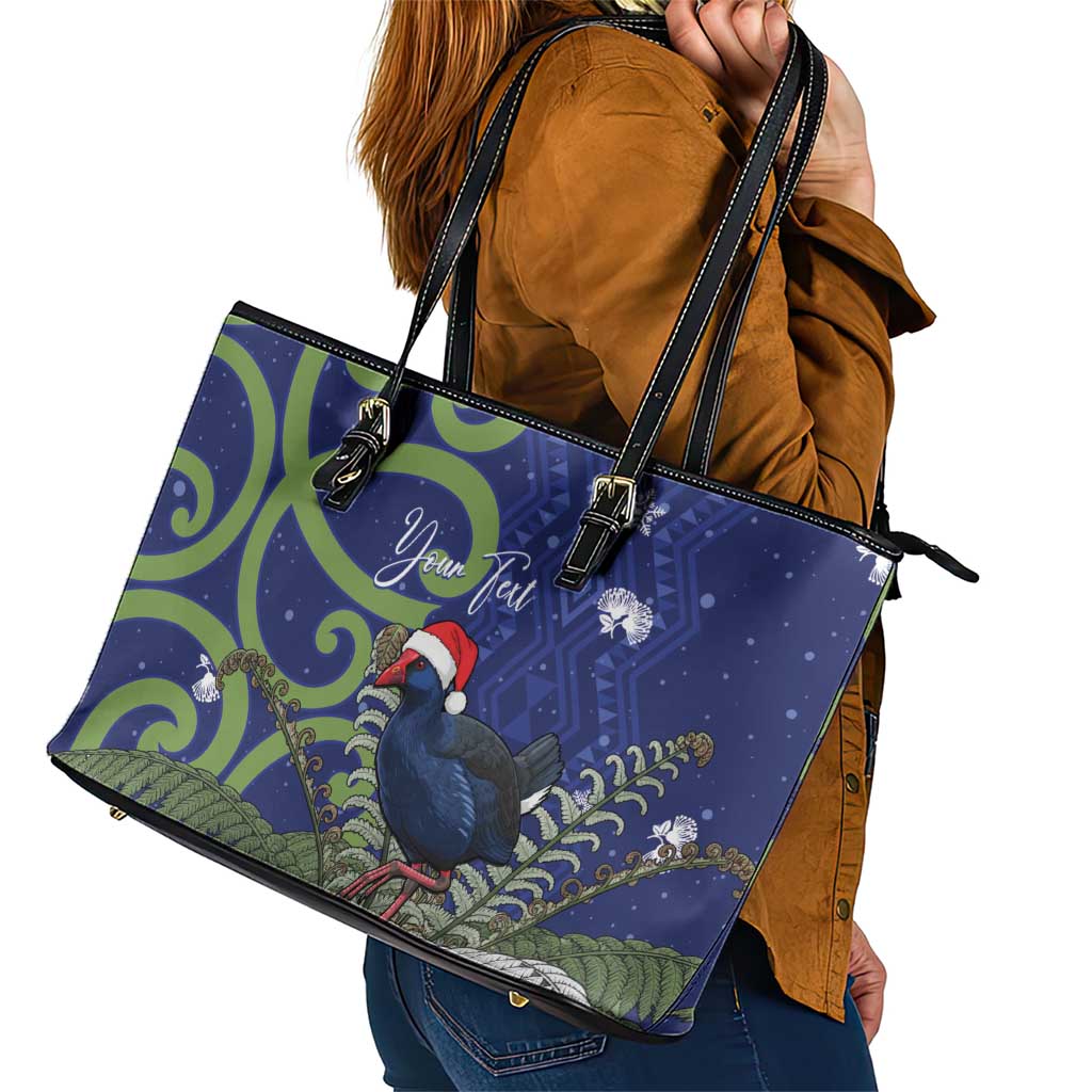 Personalized New Zealand Pukeko Christmas Leather Tote Bag Meri Kirihimete Taniko Ponga Koru Blue - Aussie Hoodie