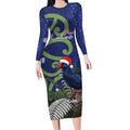 Personalized New Zealand Pukeko Christmas Long Sleeve Bodycon Dress Meri Kirihimete Taniko Ponga Koru Blue - Aussie Hoodie